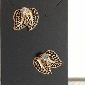 Filigree Leaf Rhinestone Gold Tone Earrings